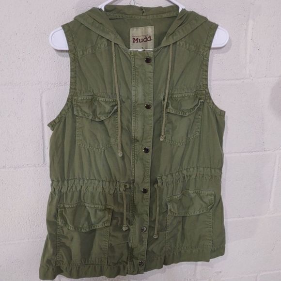 Mudd‎ Olive Green Hooded Cotton Utility Vest with Cinch Tie Waist Juniors Sz L - Picture 2 of 9
